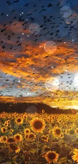 Sunflower field at sunset with birds flying against a vibrant sky.