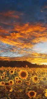 Sunflower field at sunset with vibrant orange skies.