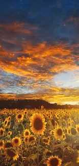 Sunflower field illuminated by golden sunset skies, creating a vibrant scene.