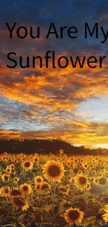 Sunflower field under a vivid sunset sky with warm hues.