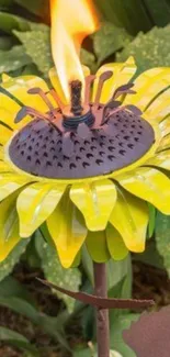 Vibrant sunflower torch in a garden setting with greenery.