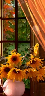 Sunflowers by window with autumn view and sheer curtains.