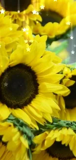 Vibrant yellow sunflower art with sparkling stars.