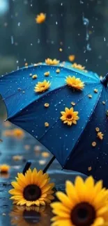 Blue umbrella with sunflowers and raindrops.