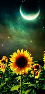 Vibrant sunflower field under a starry cosmic sky with multiple moons.