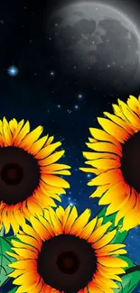 Sunflowers with moon and stars in vibrant mobile wallpaper design.