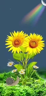 Sunflowers in a moonlit scene with a rainbow and green surroundings.