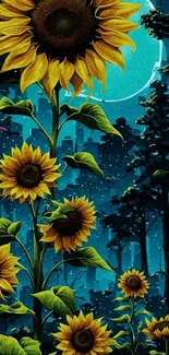 Vibrant sunflowers beneath a moonlit sky in a serene forest setting.