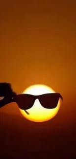 Silhouette of sunglasses against a vibrant sunset sky.