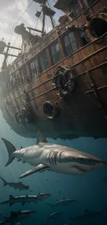 Sunken ship with sharks swimming beneath in ocean depths.