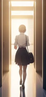 Anime girl walking in sunlit school hallway scene.