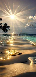 Sunlit beach with sparkling waves and palm trees at sunset.