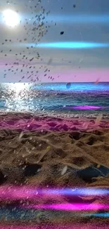 Sunlit beach with sand and ocean view under clear blue sky.