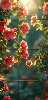Sunlit garden view with blooming flowers cascading down a window.