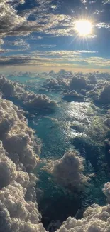 Sunlit clouds above a tranquil ocean view.