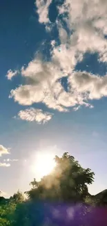 Sunlit sky with clouds and trees in the foreground.