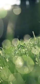 Sunlit grass with morning dew and bokeh effect, capturing nature's beauty.