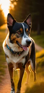 Dog standing in a sunlit forest path with golden light filtering through the trees.