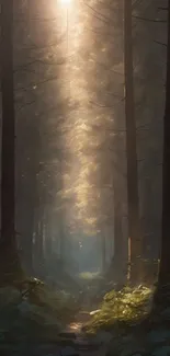 Sunlit path through a mystical forest landscape.