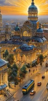 Digital art of a sunlit European cityscape with historic architecture at sunset.