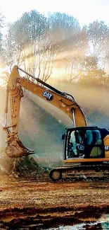 Excavator in sunlit autumn landscape with trees.