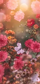 Sunlit flowers and butterfly mobile wallpaper, perfect for nature lovers.