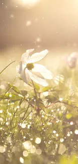 Dew-kissed grass and white flowers bathed in soft morning sunlight.