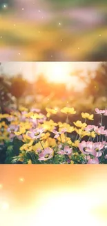 Sunlit floral wallpaper with pink and yellow flowers under a bright, glowing sky.