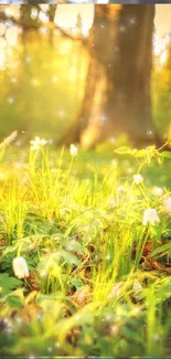 Sunlit forest with wildflowers and lush green grass.