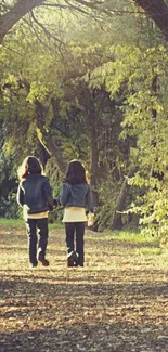 Two individuals walking on a sunlit forest path surrounded by greenery.