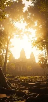 Sunlit temple scene in a lush forest.