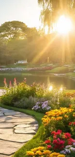 Sunlight illuminates a garden path with vibrant flowers and serene surroundings.