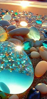 Sunlit beach with vibrant gemstones and stones.