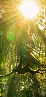 Monkey swinging in sunlit jungle with lush greenery.