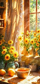 Sunlit kitchen with sunflowers and rustic decor by a window.