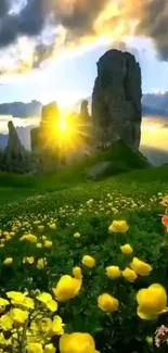 Sunlit mountain with yellow flowers in foreground under a colorful sky.