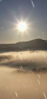 Mountain mist at sunrise with sunlight streaming through clouds.