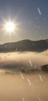 Sunlit mountain mist landscape with gentle rain effect and serene atmosphere.