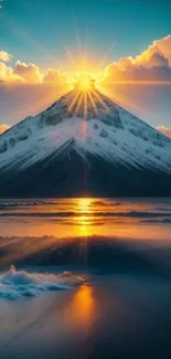 Mountain at sunrise with vibrant reflection on tranquil water.