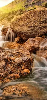 Sunlit mountain stream cascading over rocks with vibrant sunlight.