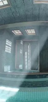 Serene pool room with sunlit beams through windows.