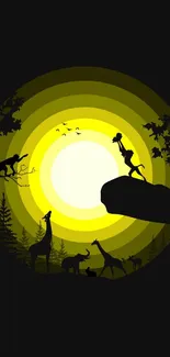 Sunlit safari scene with wildlife silhouettes against a vibrant yellow background.