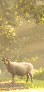 Sheep grazing peacefully in a sunlit meadow with soft light filtering through trees.