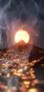 Bright sun with smoke over a mountain peak.