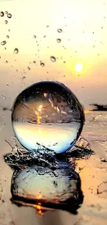 Sphere reflecting sunset with water droplets.