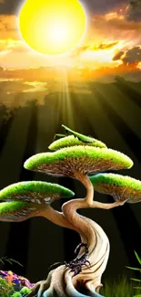 Surreal bonsai tree under a glowing sun and dramatic sky, creating a serene landscape.