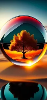 A vibrant tree in a glass sphere reflecting sunlight on a sandy surface.