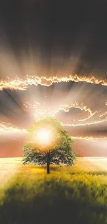 Sunlit tree in tranquil field under dramatic clouds.