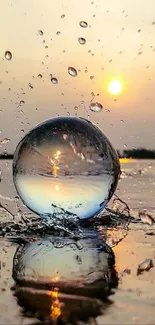 A sunlit water sphere reflecting during sunset.