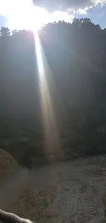 Sunbeam illuminates forest waterfall with lush greenery.